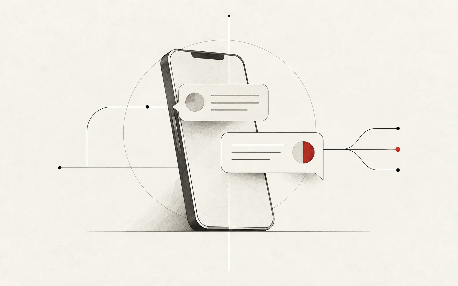 Ilustração conceitual de um celular com mensagens entre uma pessoa e uma assistente de IA
