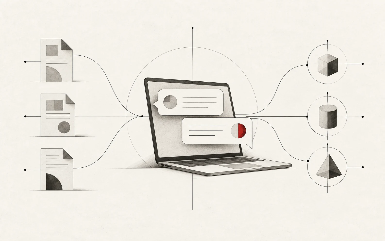 Ilustração conceitual de um chat com documentos conectados a diferentes modelos de IA